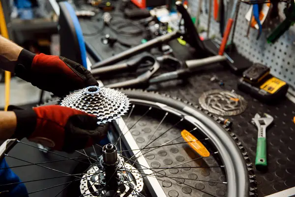 bike wheel and sprocket on bike mechanic workspace