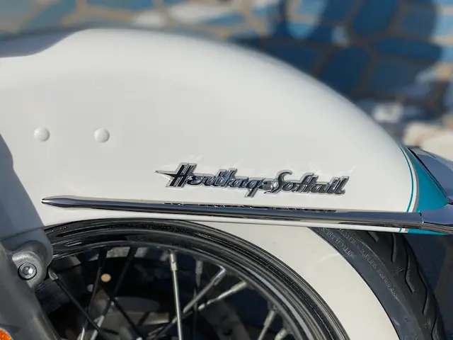 heritage softail logo on white harley motorcycle